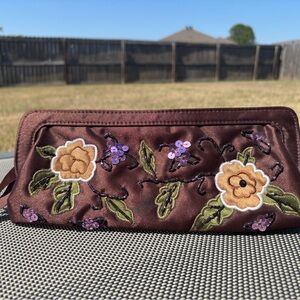 Embroidered Satin Floral Beaded Clutch in Deep Brown
